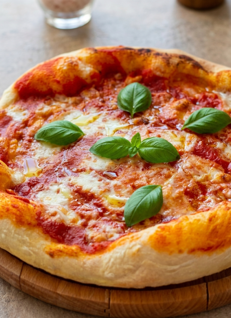 Pizza alta idratazione basilico mozzarella pomodoro olio