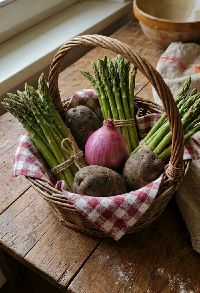 Cestino rustico contenente patate scalogno e asparagi con cordoncino. Verdure del contadino a km zero