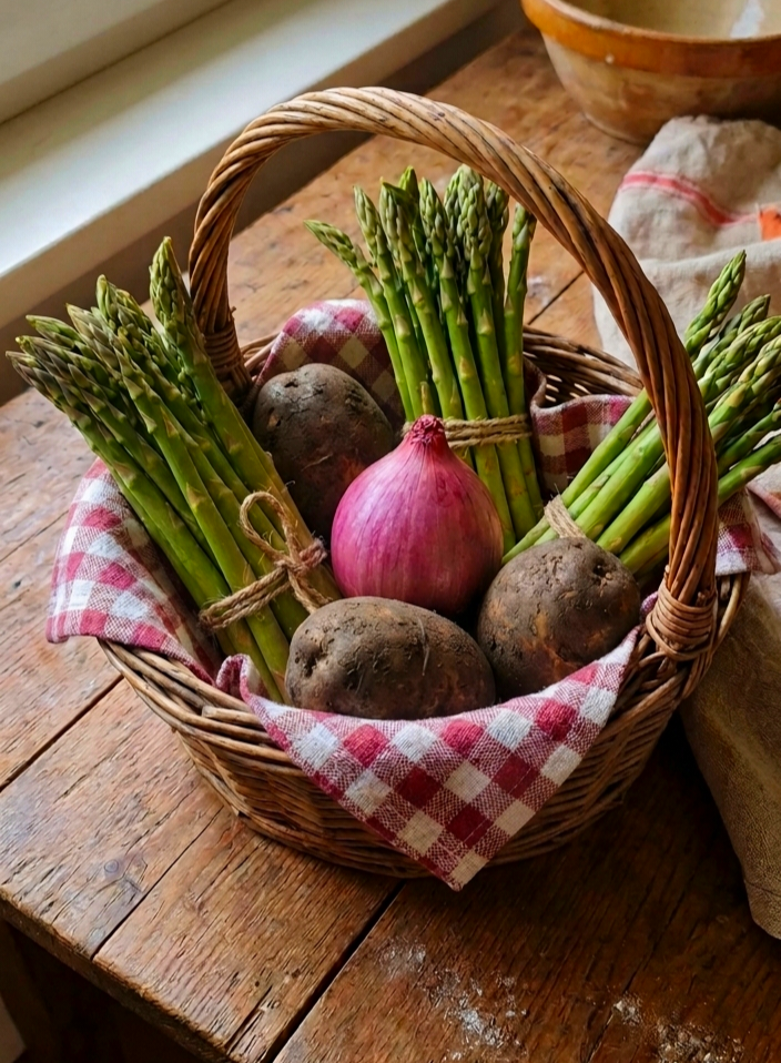 Cesto in vimini con verdure km zero del contadino . Patate asparagi e scalogno