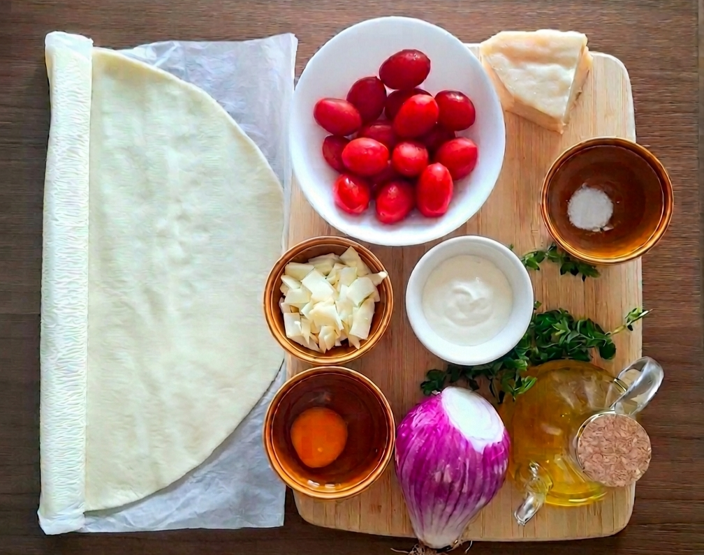 Ingredienti torta salata: pomodorini, alici, cipolla, origano, pasta sfoglia, parmigiano, panna, uovo, olio, sale.