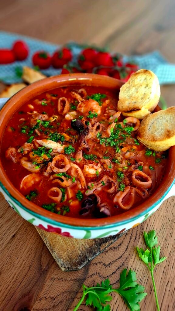 Cacciucco saporito( calamari, seppie, code mazzancolla, cozze, polipetti, triglie, gallinella, scorfani)in terrina di terracotta su tagliere in legno, pomodori di sfondo e prezzemolo