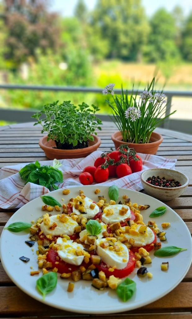 Parmigiana di melanzane stile caprese su tavolo in giardino con sfondo di erbe aromatiche e pomodori. Piatto bianco con pomodori, bufala, melanzane a cubetti, taralli sbriciolati e basilico presentati a forma di fiore.