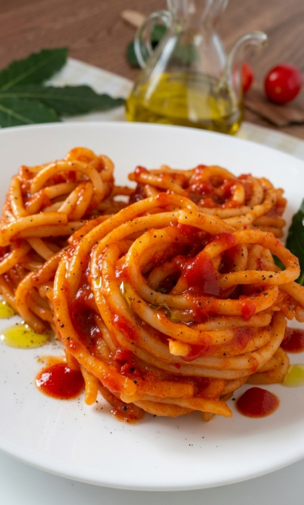 3 nidi di pici all'aglione molto succosi e invitanti con pepe, peperoncino, alloro. Sullo sfondo cucchiaio in legno con pomodorini, alloro e oliera in vetro