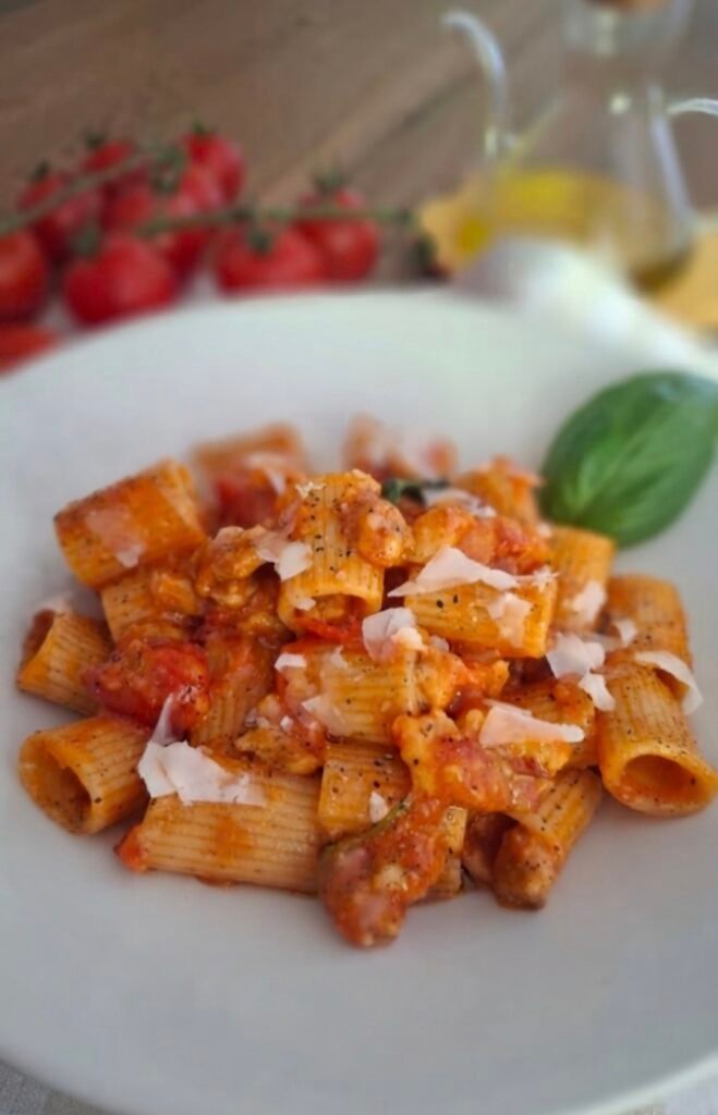 Amatriciana estiva con pancetta pomodorini basilico parmigiano e pecorino in piatto bianco e sfondo di oliera e rametto pomodorini 
